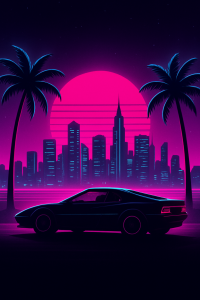 Neon-lit 1980s city skyline with palm trees and sports car — Grand Theft Auto Vice City theme.