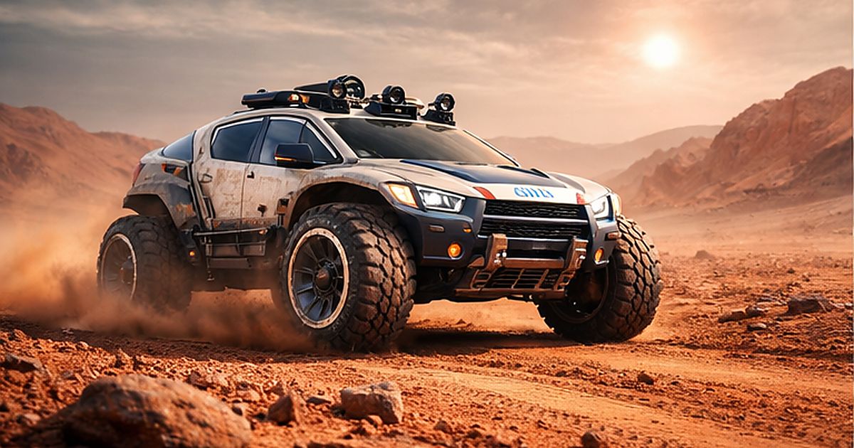 Futuristic exploration car driving across the Mars desert with red sand dunes, rocky terrain, and dust under a pale Martian sky.