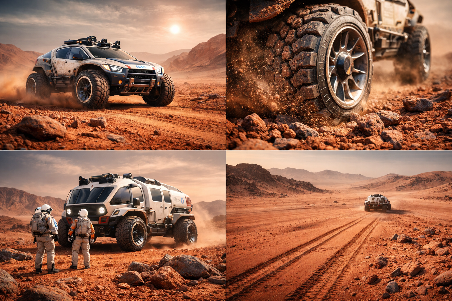 Futuristic exploration car driving across the Mars desert with red sand dunes, rocky terrain, and dust under a pale Martian sky.