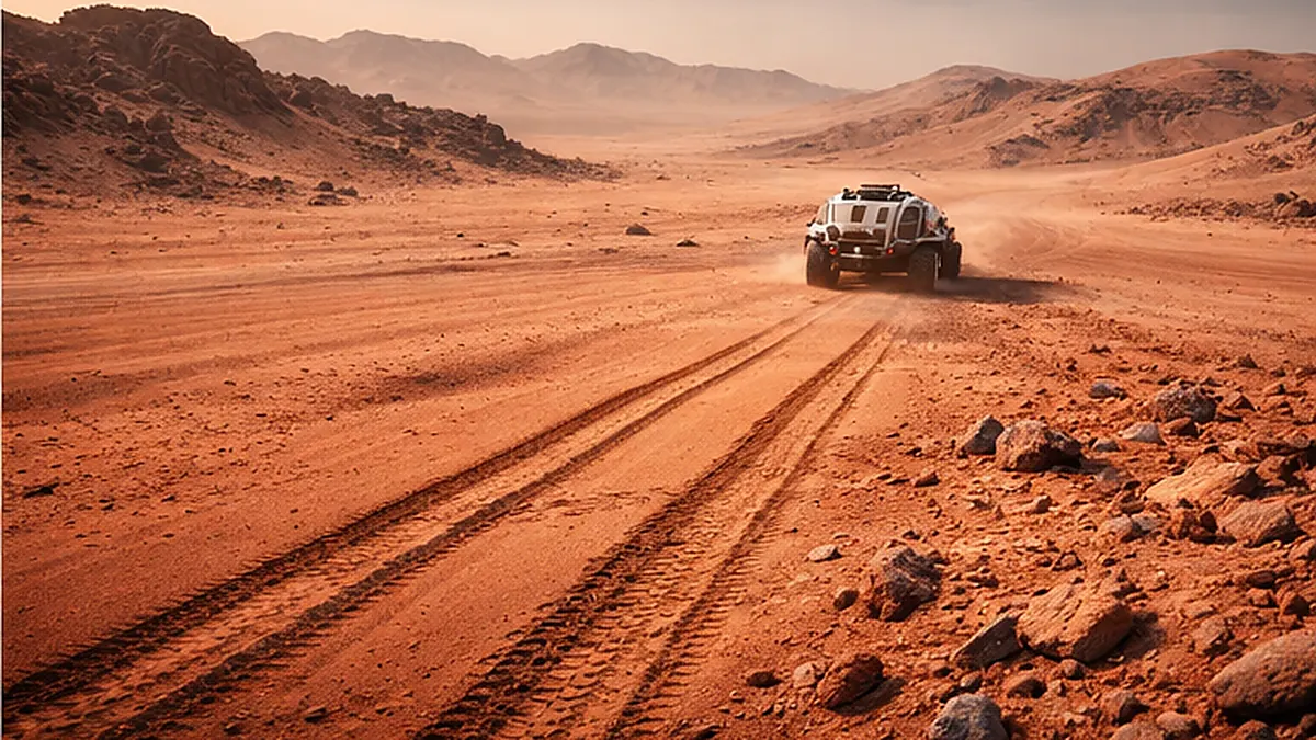 A Mars exploration car leaving tire tracks across the red desert surface of Mars.