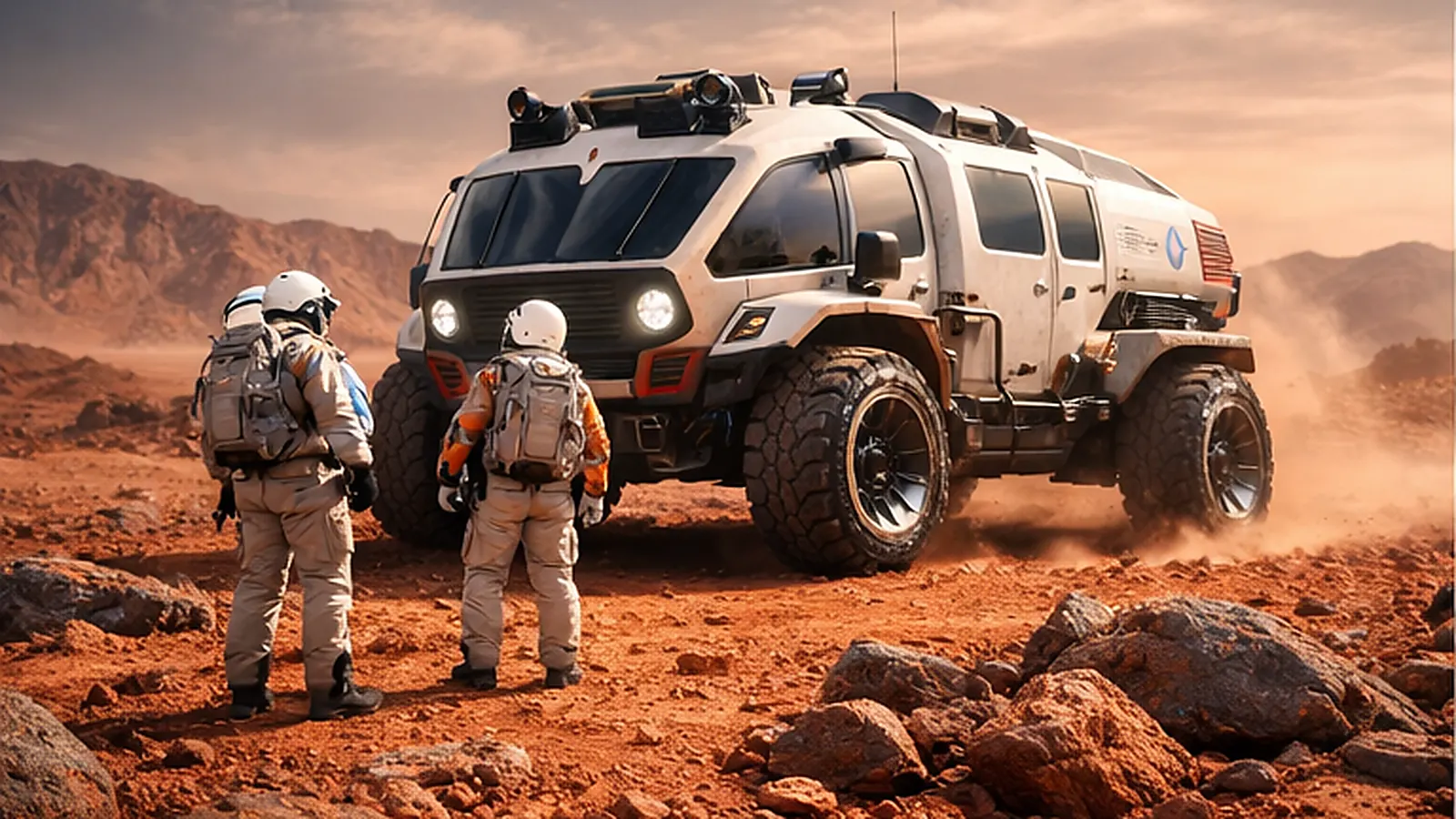 Astronauts standing next to a pressurized Mars exploration car designed for human transport across the Martian desert.