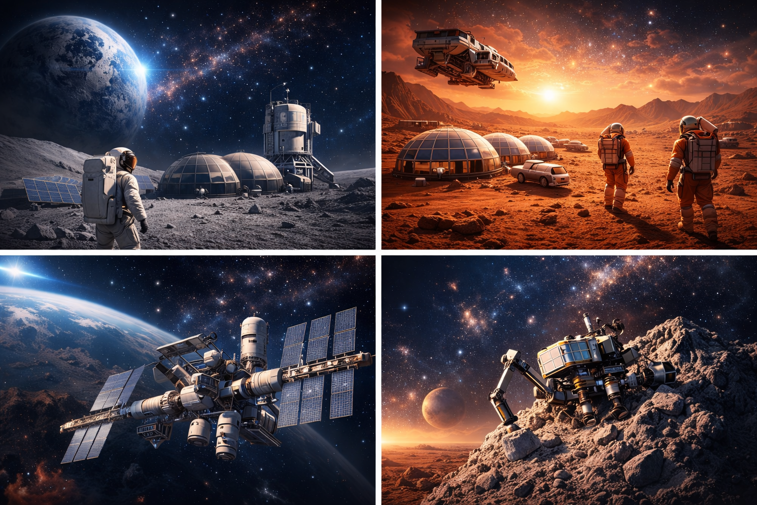 Astronaut standing near a futuristic Moon base under Earthrise during a future lunar mission